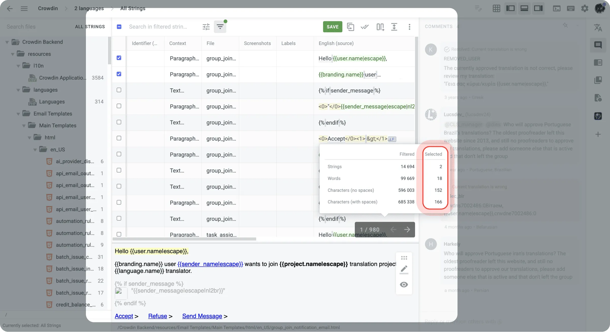 crowdin word count selected strings